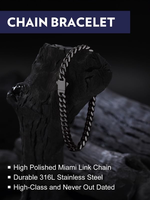 Bandmax Mens Hip Hop Cuban Link Bracelets 5/7/9/12MM Stainless Steel Miami Curb Chain Bracelet Silver/Gold Plated/Black Wristlet Chains for Men 7"-9" - Image 2