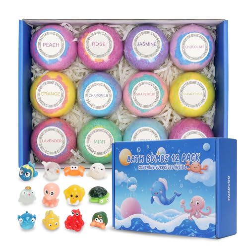 Set de regalo con 12 bombas de baño, bombas de burbujas naturales y orgánicas hechas a mano, para niños con juguete sorpresa en el interior, con juguete sorpresa de animal marino en el interior