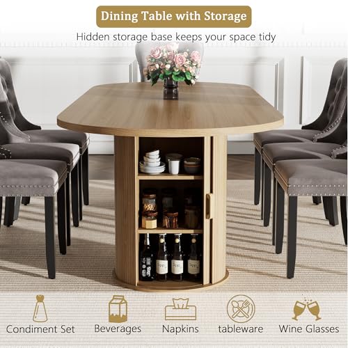 Image of 63 inch-94 inch Large Oval Extendable Dining Table for 6 8 10, Wooden Expandable Kitchen Table with Fluted Cylindrical Storage Base, Modern Farmhouse Expanding Table for Dinner Party Family Gathering, Natural