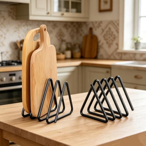 Image of 1PC Cutting Board Storage Rack Triangular Metal Holder Space Saving Cabinet Countertop Organizer for Boards, Trays, Plates, Black