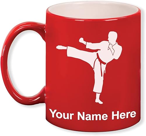 Miniatura 9 de Taza de café redonda de cerámica de 11 onzas, Karate Man, grabado personalizado incluido (negro)