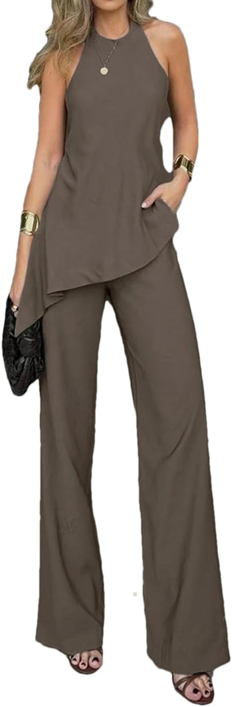 Alloaone Women Summer Loose 2 Piece Sets Outfit Sleeveless Tank Top With High Waist Wide Pants Set