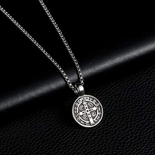 Azfvbql St Benedict Exorcism Medal Pendant Necklace Men's Stainless Steel Catholic Roman Cross Demon Protection Ghost Hunter Religion Jewelry (Silver-1) #TOP5
