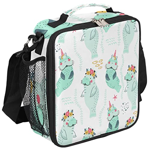 Cute Manatees Floral Wreaths Insulated Lunch Bag Women Reusable Lunch Tote Bag For Men Adult Adjustable Shoulder Strap Cooler Lunch Box For Work Office Picnic Travel #TOP22