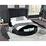 Circle Bed Frame - Luxury Bed Frames with Storage Side Rails & Footboard and Speakers, Tufted Bed Frame with Rolled Headboard & Nailhead and USB Chargers, Box Spring Not Required (Black, Queen)