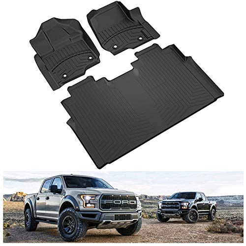 KIWI MASTER F150 Floor Mats SuperCrew Cab Compatible for 2015-2023 Ford F-150 Accessories with Bucket Seats Front & 2nd 2 Row Seat All Weather Mat TPE Slush Liners Black