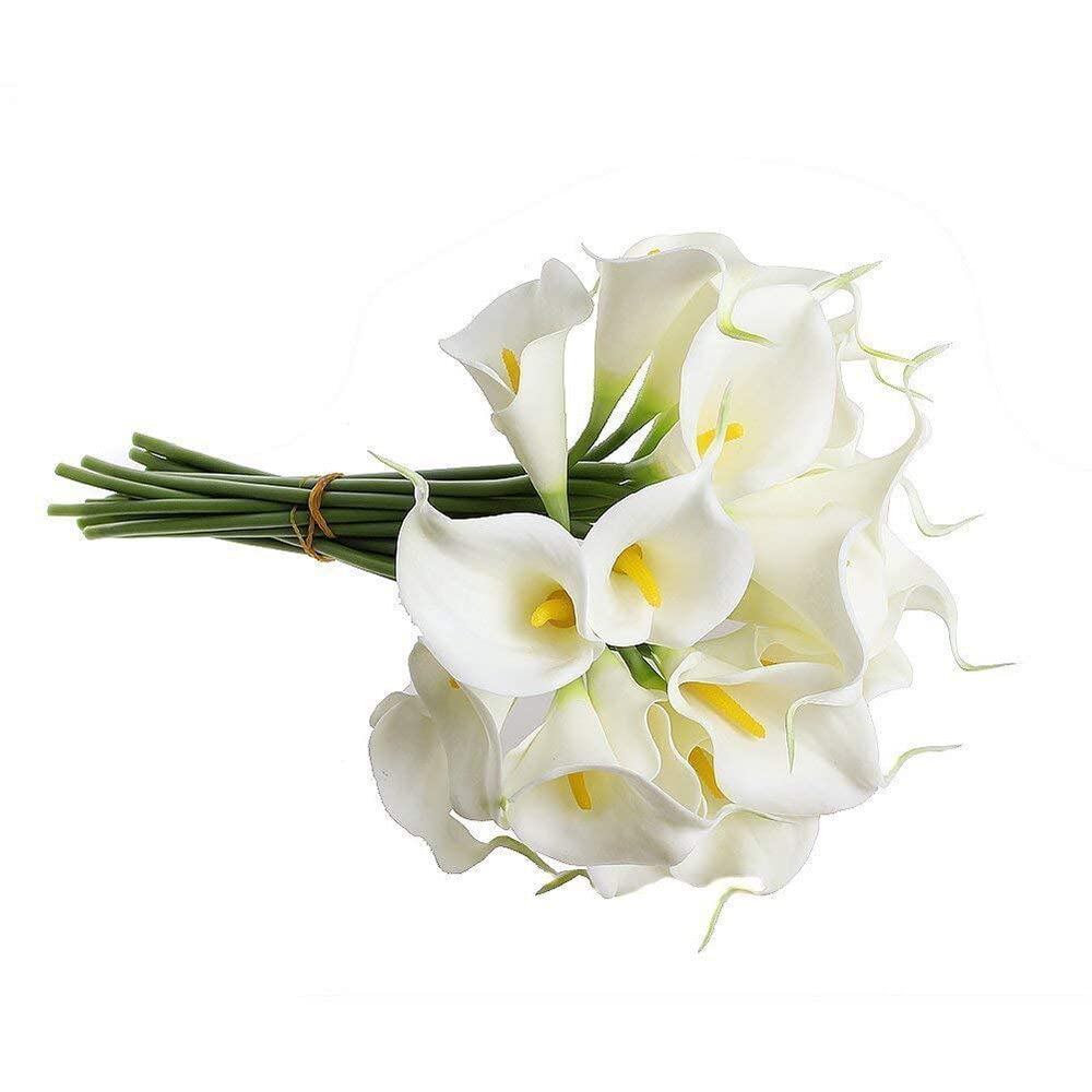 Generic 10 Branches Artificial Calla lily Bridal Wedding Bouquet Latex Head Soft Flower Decorative Floral for Home Party Festival Xmas Decoration White Deft Processed