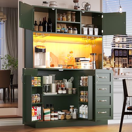 Ktipm Alacena de Cocina con Iluminación LED y Portavasos, Aparador Cocina con 4 Puertas y 2 Cajones, Armario Cocina Alto con Dispositivo Antivuelco y Compartimentos Abiertos, 120x40x188 cm, Verde