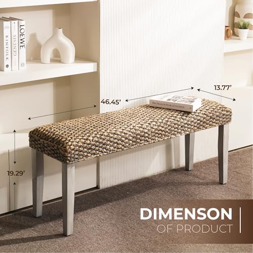 Image of Solid Wood Acacia Indoor Bench with Natural Woven Water Hyacinth Seat, Wood Bench for Living Room or Entryway, Vintage Bench, Fishbone Style, Plait Style with Grey Leg
