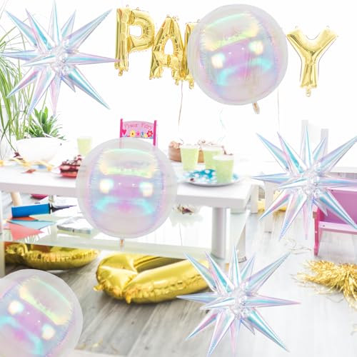 Image of 6pcs 22 inch Iridescent Star Balloons and Iridescent 4D Large Foil Balloons, Foil Star Balloon 4D Rainbow Balloon For Birthday Baby Shower Party Wedding Graduation Anniversary Bridal Shower Decoration