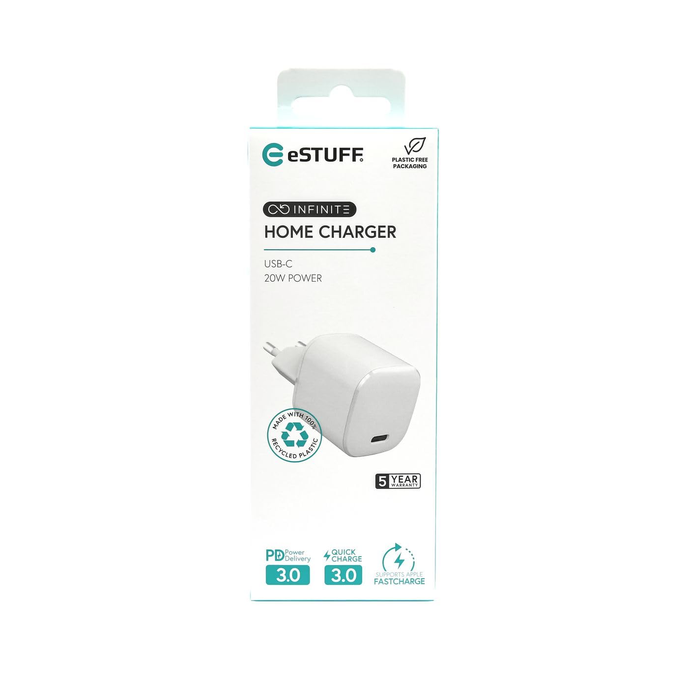 eSTUFF ES637025 Home Charger – USB-C PD 3A 20W EU Plug White