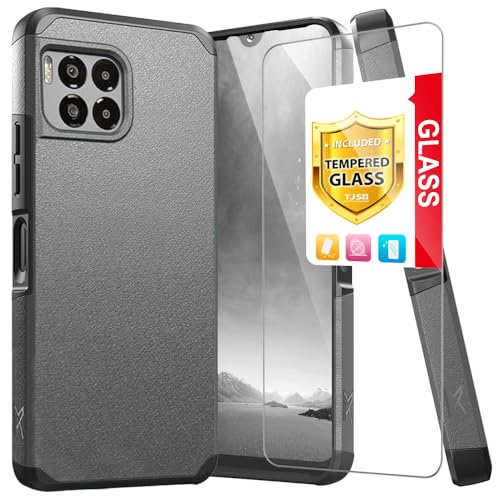 TJS Compatible for T-Mobile Revvl 7 Pro 5G Case with Tempered Glass Screen Protector Dual Layer Hybrid Magnetic Support Shockproof Heavy Duty Cover Phone Case (Gray)