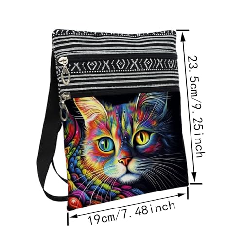 Colorful Cat Messenger Bag Small Ethnic Pattern Printed Adjustable Strap Crossbody Zipper Bag Colorful Cat Phone Bag Wallet Cute Shoulder Handbag for Women -12
