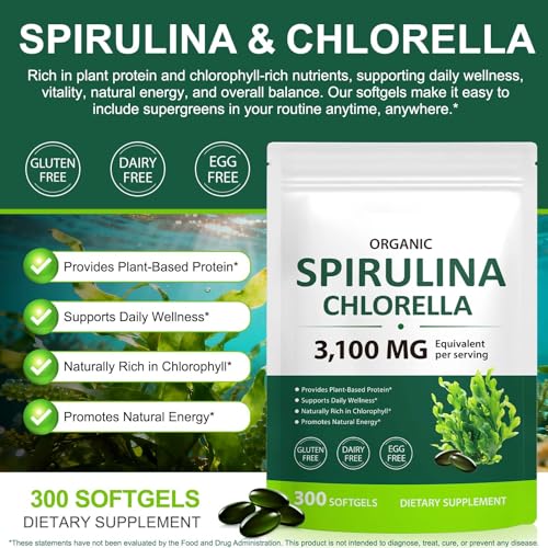 Tiuedu Spirulina Chlorella Softgels 300 Capsules, 17 in 1 Green Nutrient Blend Spirulina Chlorella Softgels,Rich in Plant Protein, Vitamins, Chlorophyll, Easy to Take Softgel — view 2