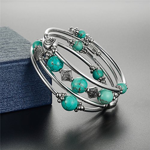 Beaded Pearl Bangle Wrap Bracelet - Fashion Bohemian Jewelry Multilayer Charm Bracelet With Thick Silver Metal Beads, Gift For Women And Girls (Blue) #TOP3