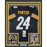 Framed Autographed/Signed Joey Porter Jr. 35x39 Pittsburgh Black Football Jersey JSA COA