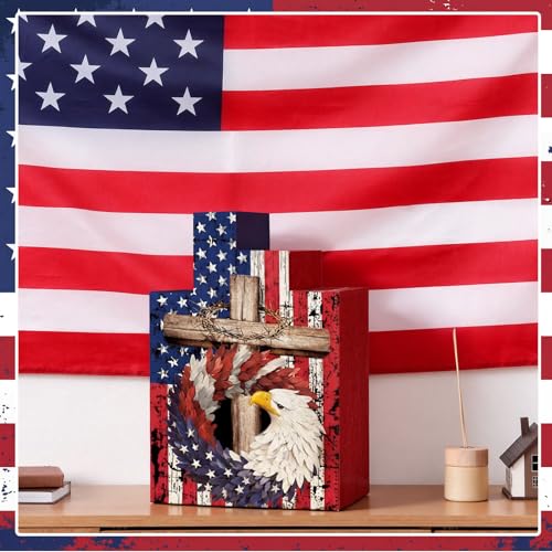 Image of Amyhill 4 Pcs 4th of July Decorations Set Wooden Patriotic Table Centerpieces Independence Day Wood Firework Fourth of July Table Signs for 250th Anniversary Home Farmhouse Decor (Pattern Style)