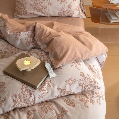 VM VOUGEMARKET Monet Flower Duvet Cover King 3 Pieces Retro Jacquard Floral Bedding Set,Linen Cotton Yarn-Dyed Textured Comforter Cover with Bowknot-104 x90,Pumpkin
