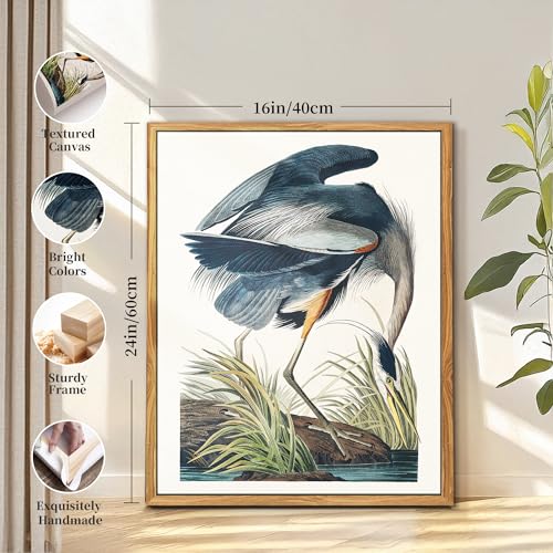 crmotu Vintage Framed Wall Art, Blue Heron Animal Canvas Art Prints, Tropical Bird Nature Wall Decor Pictures, Still Life Aesthetic Wall Paintings for Living Room Bedroom Kitchen Office, 16x24 inch