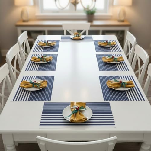 Image of YELONA Dining Table Placemats Set of 8 - Heat-Resistant, Non-Slip, Washable & Stain Resistant Woven PVC Vinyl Table Mats for Kitchen & Dining - 45 x 30 cm, PeachBlack & White
