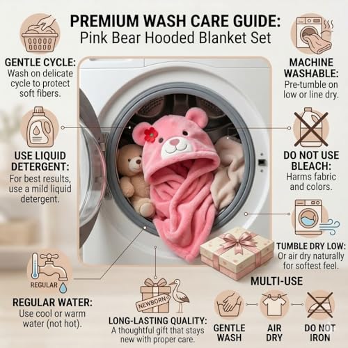 Image of First Kick Baby Hooded Blanket for Newborn (0-12 Months) - Soft 240 GSM Flannel Baby Wrap, Cute Bear Hood Baby Bath Towel & Swaddle, Lightweight Warm Crib & Travel for Infants - 82 x 82 cm Pink