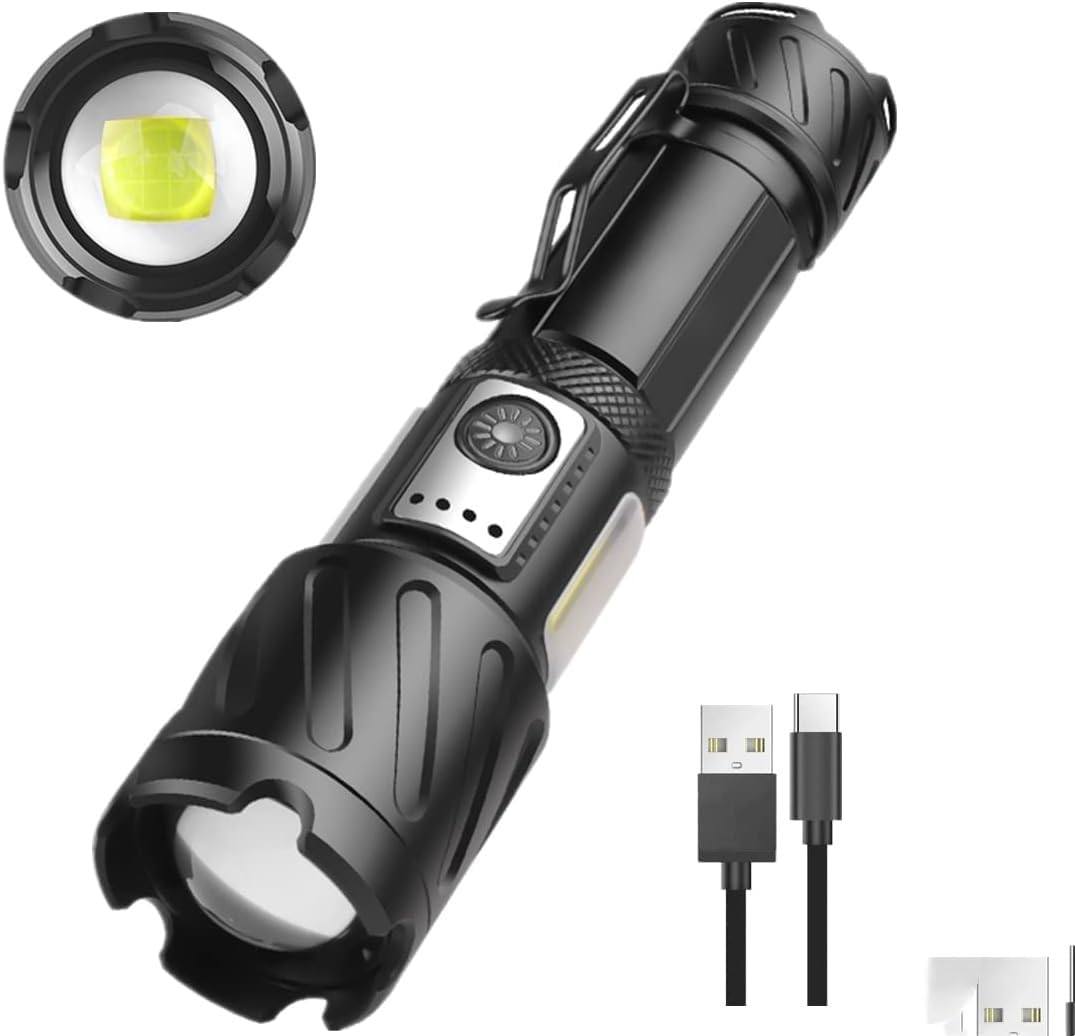 Xlentgen Black Torch Super Bright 50000 Lumen, Usb Rechargeable Powerful Led Tactical Military Torches With Cob Light, 6 Lighting Modes, Zoomable Waterproof Flashlight, Battery Included