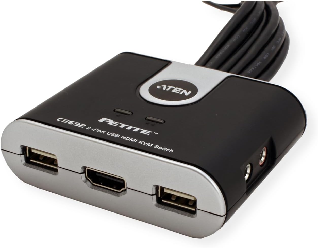 Фронт view консоль түзмөктөрү үчүн HDMI жана USB портторун көрсөткөн ATEN CS692 KVM которгучунун.