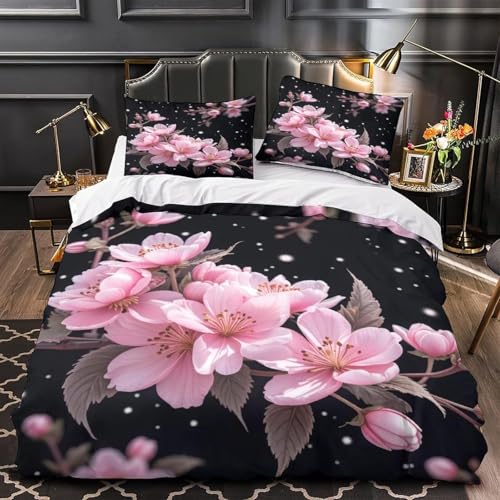 Housse de Couette 280x260 Imprimée 3D Fleurs de Cerisier en Microfibre Douce