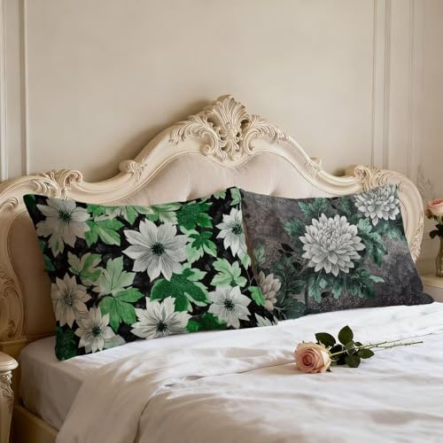 Housse coussin oreiller avec fermeture éclair invisible velours blanc vert 70x90