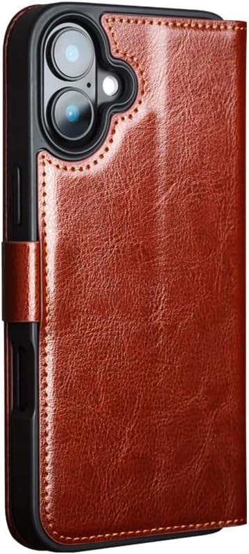 Case for iPhone 16 Slim Card Slot Holder Holster Genuine Leather Sleeve Bracket Corner Protection Cover with Magnetic Buckle Luxury Wallet Case for iPhone 16 (Brown, 6.1 inch)