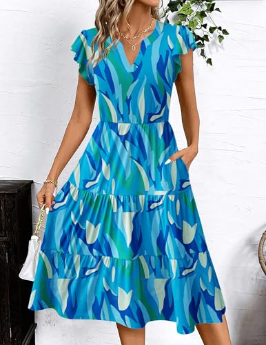 Image of ZEAGOO Womens Summer Casual Dresses Ruffle Sleeve V Neck Midi Dress Flowy Tiered Dress with Pockets Boho Sundresses