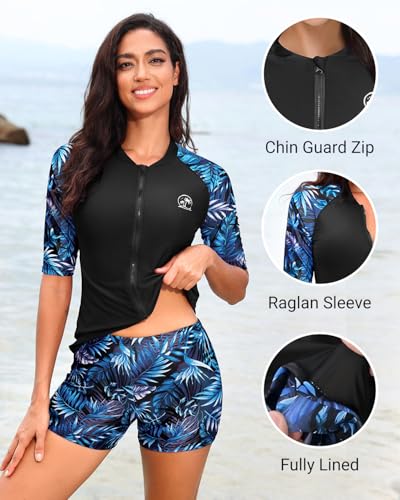 Holipick Women 2 Piece Rash Guard Swimsuit-Short Sleeve Swim Shirt with Shorts Full Zipper SPF Modest Swimwear3