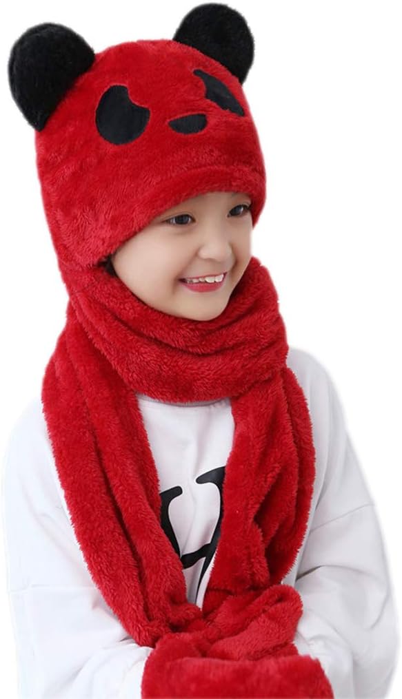 Scarf,3 in 1 Kids Boys Girls Hooded Scarf with Pockets Hat Long Scarf Gloves Set Cute Panda Ears Thicken Plush Warm Scarf(Red,Small)