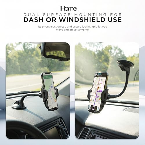 Image of iHome Car Mount, Dashboard /Windshield /Vent Mount, Swivel Neck, Silicone Grip, Adjustable Mount Arm with Suction Cup Base (Gooseneck Car Mount)