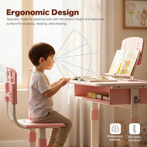 Image of BAYBEE Study Table for Kids 5-12 Years Boys Girls | Ergonomic Desk Table with Chair, Height Adjustable, Book Holder, Storage Drawer & Footrest | Perfect for Reading, Writing & Studying (Premium Pink)