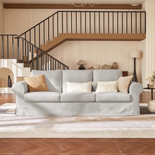 Vorthio 89" Modern Farmhouse Sofa for Living Room, 3-Seater Comfy Slipcovered Sofa with Rolled Arms, High Back Support, Removable Washable Couches for Apartment-Grey