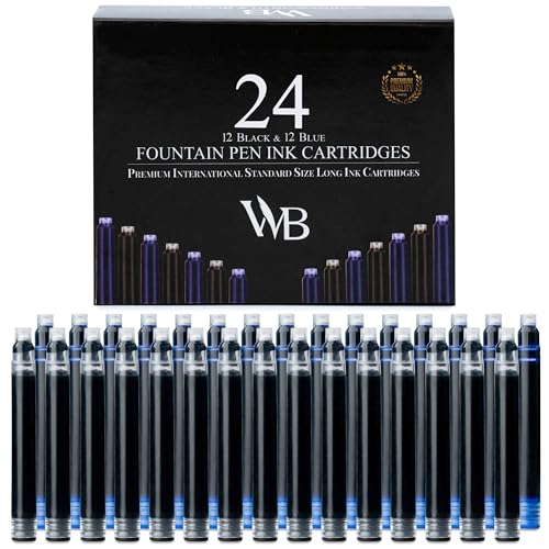 Wordsworth & Black   Paquete de 24 cartuchos de tinta para pluma estilográfica   Negro y azul   Tamaño estándar internacional   Longitud aprox. 3,8 cm   Diámetro de la base aprox. 0,6 cm   Desechable