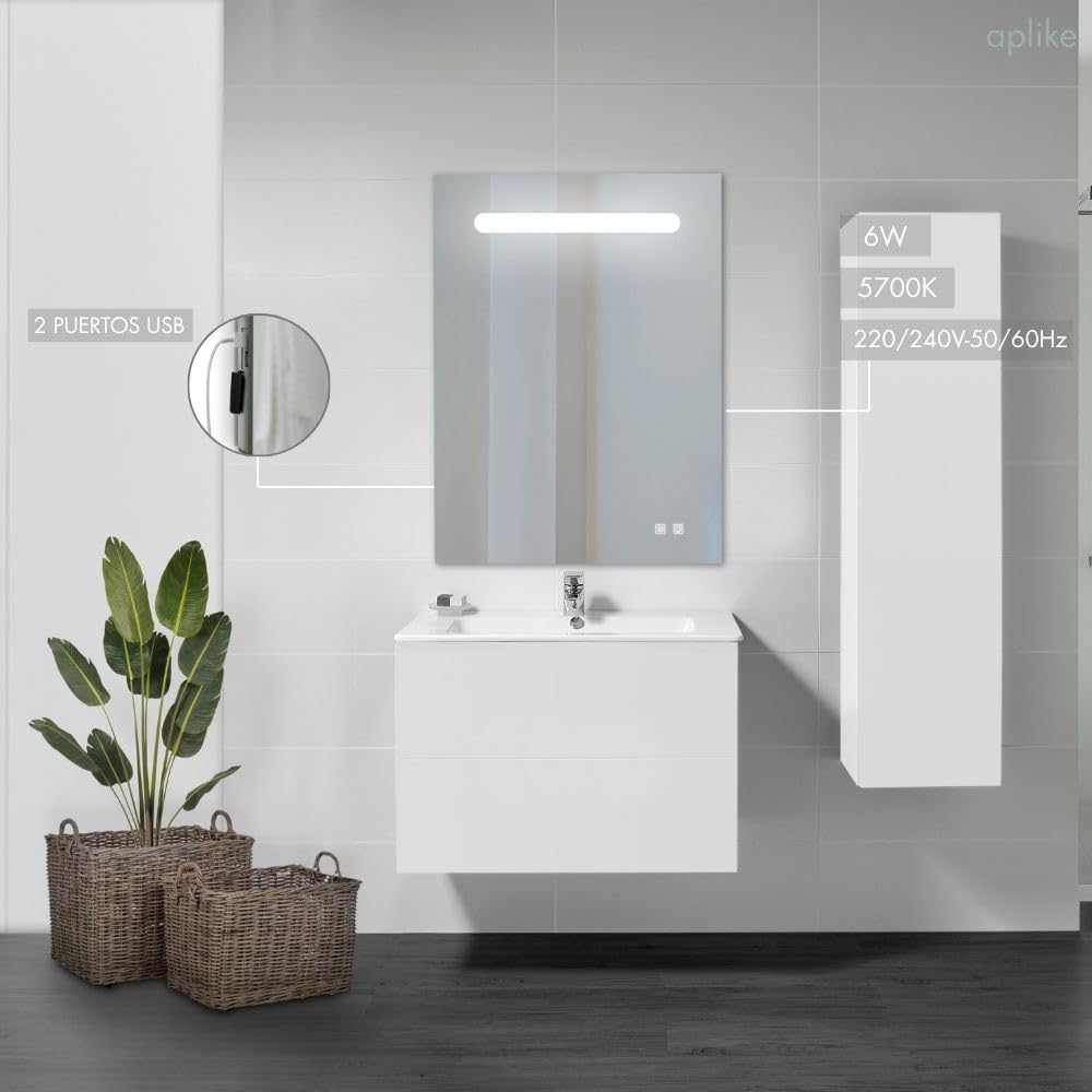 Specchio LED Rettangolare | Pulsanti Touch | Funzione Anti Appannamento Luce Bianca Calda Reyze Serie Ambient Modello 1