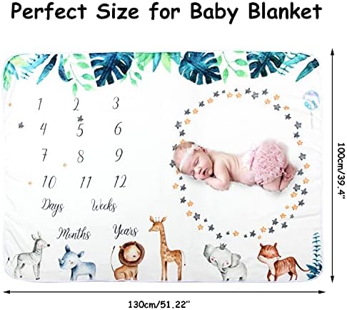 Baby Monthly Milestone Blanket for Boy Girl,Unisex Month Blanket Baby for Pictures Lion giraffe & zebra Animal Printed 4 Felt Photo Frame Shower Gifts Xmas New Moms Track Age Growth(40"x50")