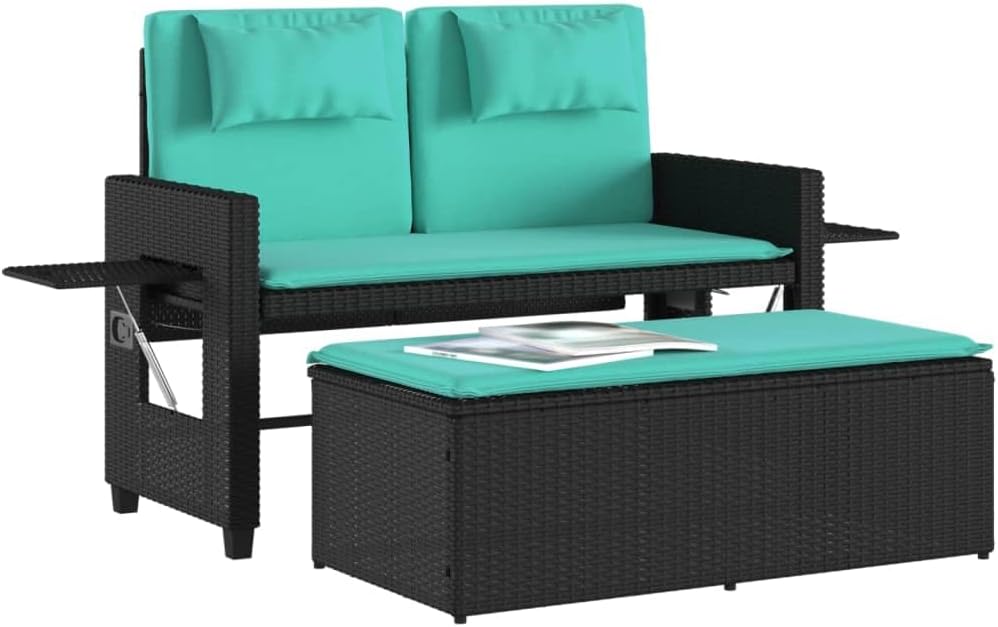 Garden Bench Black and Blue PE Rattan, Powder-Coated Steel, Polyester,Reclining Garden Bench with Multiposition Backrest & Cushions Convertible to Sofa Bed for Outdoor Use Patio Furniture