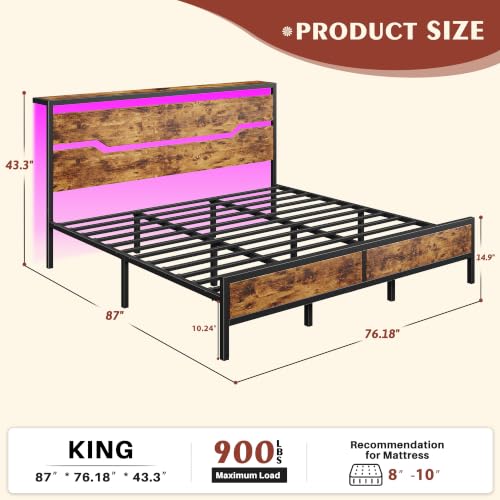 Image of Homkdom King Size Bed Frame with USB Ports & LED Lights, Headboard Shelf, Heavy Duty Metal Platform with 10.24 inch Underbed Storage, Noise-Free Slats, No Box Spring Needed, Modern Brown