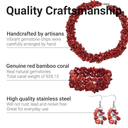 Red Coral Gemstone Chips Necklace, Earrings & Bracelet Set - Cluster Stainless Steel Jewelry Women - Boho Beach Healing Crystal Jewelry - Necklace 18" - Stretchable Bracelet Christmas Gifts - Thumbnail 3