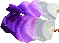 Vista 5 de 1 par de velos de seda hechos a mano para danza del vientre, abanicos largos de bambú para bailar (70.9 x 35.4 in, color blanco y morado)