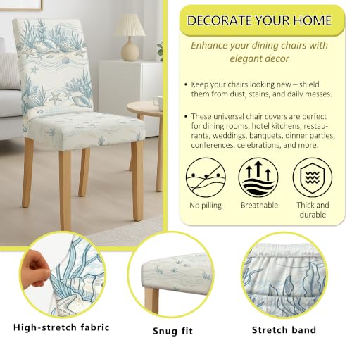 Fundas de silla lavables y transpirables con diseño de concha náutica de elastano azul 6 uds 6