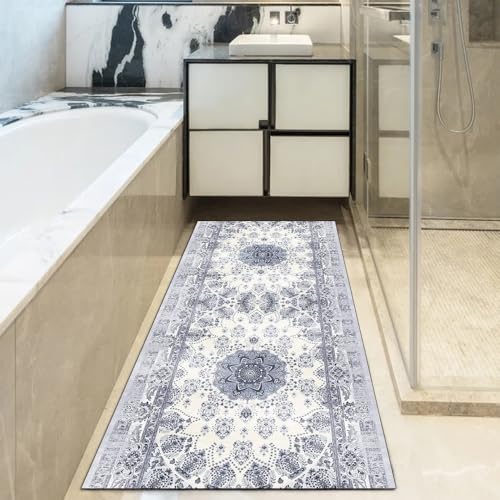 Alfombra de pasillo 80x330 cm vintage gris azul lavable 5