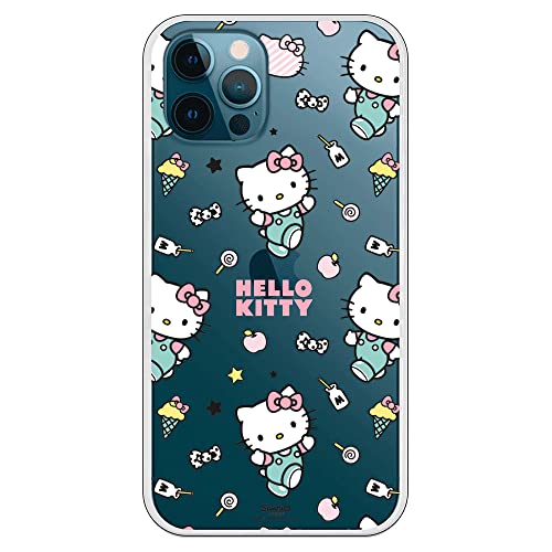Personalaizer Funda Silicona Flexible Transparente para iPhone 12 Pro MAX con Diseño de Hello Kitty y Patrón de Stickers - Estilo Kawaii - Carcasa TPU