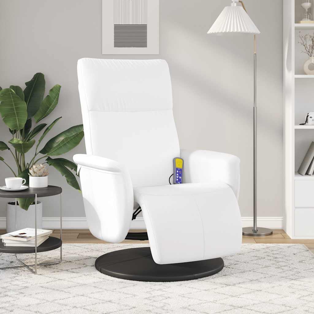 Massagesessel Weiß Kunstleder mit 6-Punkt-Vibrationsmassage, Verstellbarer Rückenlehne und Fußteil, 360 Grad drehbar, für Wohnzimmer, Schlafzimmer, Leseecke