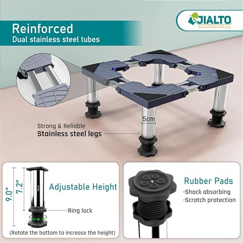 Image of JIALTO Universal Washing Machine Stand 5-12Kg| Washing Machine Trolley | Refrigerator Stand for Fridge | Spirit Level | Anti-Vibration Legs | Rubber Pads Load Capacity 350Kg (Double SS Pipe /Grey)