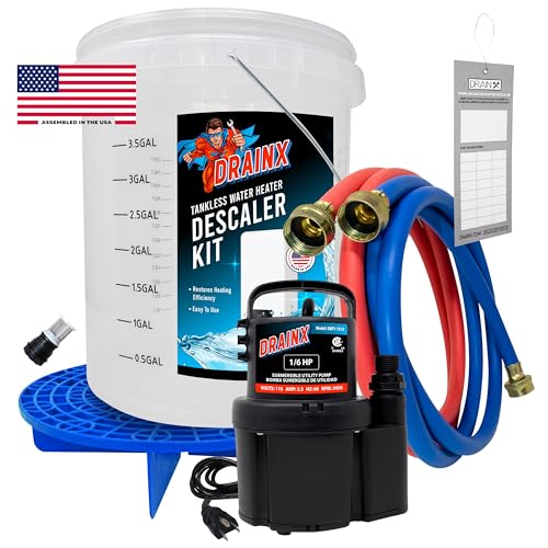 DrainX Tankless Water Heater Flushing Kit Includes Pump, Hoses, Bucket, Maintenance Log, and Replacement Filter for Rinnai Systems – Just Add Vinegar or our Own Descaler