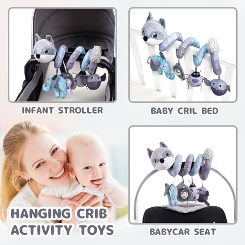Image of Koty Car Seat Toys, Infant Baby Spiral Plush Activity Hanging Toy for Stroller Bar Pram Crib with Music Box BB Squeaker & Rattles(Gray Fox)